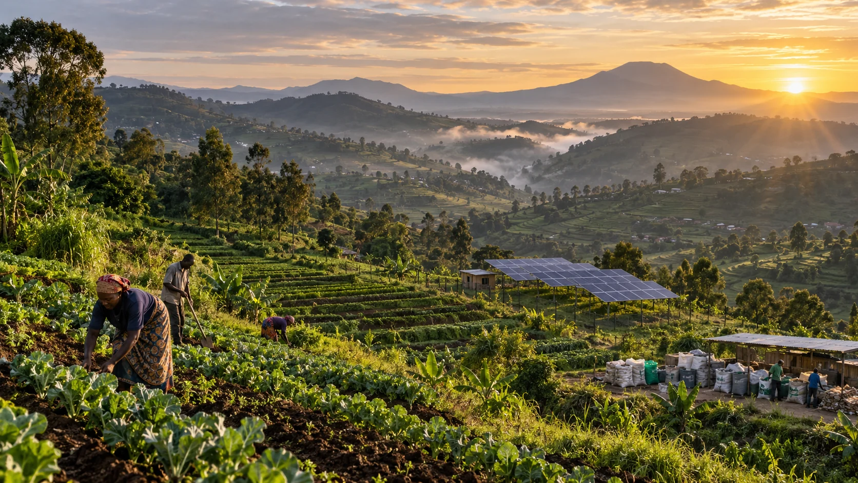 Green landscape with solar panels and cultivated farmland