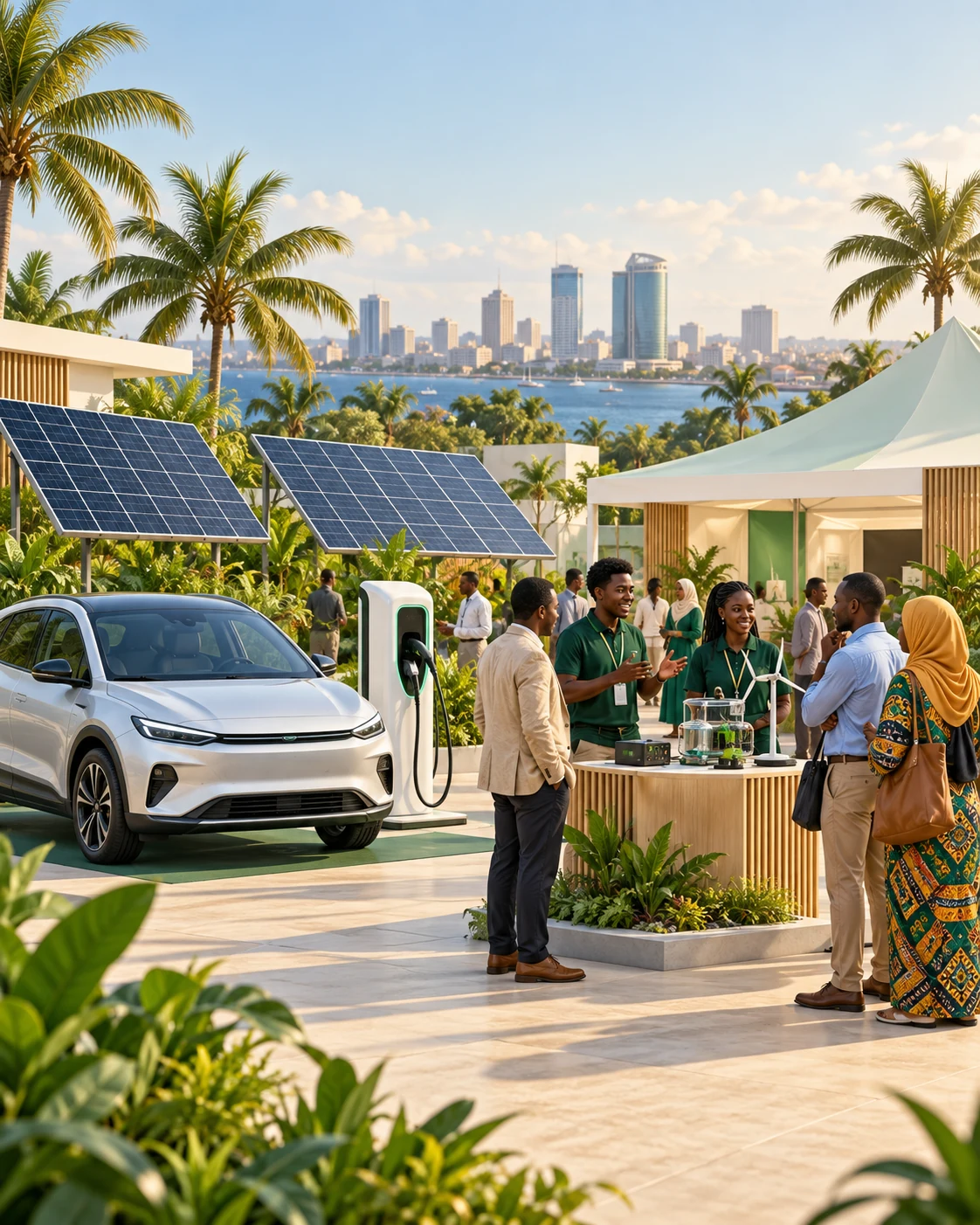 Concept illustration of an electric vehicle, solar panels and young innovators at a clean technology exhibition